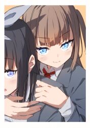 Rule 34 | 2girls, black hair, blazer, blue eyes, brown background, brown hair, closed mouth, collared shirt, commentary request, fang, fang out, grey jacket, highres, jacket, long hair, long sleeves, looking at viewer, mimura zaja, multiple girls, one side up, open mouth, original, school uniform, shirt, simple background, upper body, white shirt