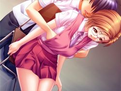 Rule 34 | 1boy, 1girl, arms at sides, breasts, brown eyes, brown hair, game cg, glasses, grabbing, grabbing another&#039;s breast, hand under clothes, hetero, large breasts, necktie, open mouth, school uniform, short hair, skirt, tappun oneecher, tatsunami youtoku, uniform