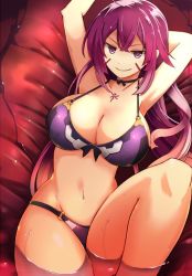 Rule 34 | 1girl, ahoge, armpits, arms up, bikini, blush, breasts, character request, cleavage, facial mark, hakoniwa tsuka, large breasts, long hair, looking at viewer, navel, o-ring bottom, partially submerged, purple bikini, purple eyes, purple hair, smile, solo, swimsuit, water