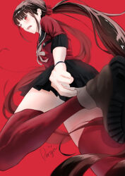 1girl absurdres adjusting_sock artist_name black_sailor_collar blunt_bangs blush bow bowtie brown_hair danganronpa_(series) danganronpa_v3:_killing_harmony from_below grey_bow grey_bowtie hair_ornament hair_scrunchie harukawa_maki highres long_hair looking_at_viewer low_twintails open_mouth pleated_skirt red_background red_eyes red_scrunchie red_shirt red_thighhighs sailor_collar school_uniform scrunchie shirai_renga shirt signature skirt solo standing standing_on_one_leg surprised sweatdrop thighhighs twintails very_long_hair zettai_ryouiki