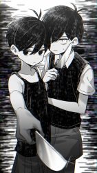 Rule 34 | 2boys, aiming, aiming at viewer, black eyes, black hair, black sweater vest, closed mouth, collar, collared shirt, colored skin, expressionless, geckoyutuyamori, greyscale, highres, holding, holding knife, knife, looking at viewer, monochrome, multiple boys, omori, omori (omori), shirt, short hair, short sleeves, shorts, sunny (omori), sweater vest, white eyes, white shirt, white skin