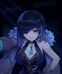 Rule 34 | 1girl, ani 019, bare shoulders, black background, blue eyes, blue hair, blunt bangs, bob cut, breasts, cleavage, commentary, earrings, genshin impact, hand on own hip, highres, jewelry, large breasts, looking at viewer, purple lips, short hair, sleeveless, solo, upper body, yelan (genshin impact)