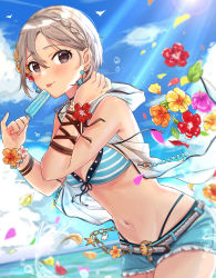 Rule 34 | 1girl, :p, bare shoulders, belt, bikini, bikini top only, bikini under clothes, bird, blue ribbon, blue shorts, blue sky, blush, bracelet, braid, breasts, brown eyes, cleavage, closed mouth, cloud, cowboy shot, cutoffs, day, earrings, flower, food, front-tie bikini top, front-tie top, hair between eyes, hair flower, hair ornament, highres, holding, holding food, hood, hooded vest, hoodie, horizon, idolmaster, idolmaster cinderella girls, jewelry, leaf, leaning forward, light rays, looking at viewer, medium breasts, navel, necklace, ocean, open clothes, open vest, petals, popsicle, ribbon, shiomi syuko, short hair, short shorts, shorts, silver hair, sky, smile, solo, sparkle, standing, stomach, striped bikini, striped clothes, sunbeam, sunlight, swimsuit, tongue, tongue out, vest, water, water drop, wenquangua, wrist ribbon