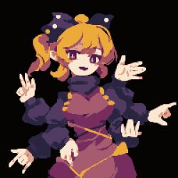 Rule 34 | 1girl, 4qw5, :d, arms up, black background, black bow, blonde hair, bow, breasts, bright pupils, brown dress, brown eyes, dress, extra arms, hair bow, kurodani yamame, large breasts, looking at viewer, open mouth, ponytail, simple background, smile, solo, touhou, white pupils