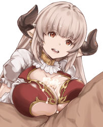 Rule 34 | 10s, 1boy, 1girl, alicia (granblue fantasy), breast hold, breasts, brown eyes, cleavage, cum, cum on body, cum on breasts, cum on upper body, draph, ejaculation, granblue fantasy, hetero, horns, huge breasts, large breasts, long hair, open mouth, paizuri, paizuri under clothes, pointy ears, red eyes, simple background, smile, solo focus, tokorot, white background, white hair