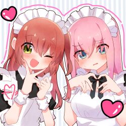 Rule 34 | 2girls, apron, arrow through heart, averting eyes, black bow, black shirt, blue eyes, blush, bocchi the rock!, bow, breasts, collared shirt, gotoh hitori, heart, heart hands, highres, kita ikuyo, looking at viewer, maid, maid headdress, medium breasts, multiple girls, one eye closed, outline, puffy short sleeves, puffy sleeves, shirt, short sleeves, shy, sweatdrop, upper body, v over mouth, white apron, white outline, xhfn4743, yellow eyes