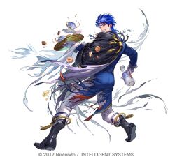 Rule 34 | 1boy, black footwear, black vest, blue eyes, blue hair, blue jacket, boots, cape, clenched teeth, commentary request, cookie, cup, fire emblem, fire emblem: genealogy of the holy war, fire emblem heroes, food, from behind, full body, gloves, holding, holding teapot, holding tray, jacket, long sleeves, looking at viewer, male focus, nintendo, official alternate costume, official art, one eye closed, pants, short hair, sigurd (fire emblem), sigurd (tea party) (fire emblem), simple background, solo, standing, suzuki rika, teacup, teapot, teeth, torn cape, torn clothes, torn jacket, tray, vest, white background, white gloves, white pants