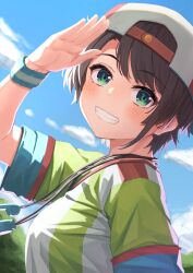 Rule 34 | 1girl, absurdres, aqua eyes, brown hair, hat, highres, hololive, looking at viewer, oozora subaru, outdoors, red hat, shirt, short hair, short sleeves, solo, starkamisan, striped clothes, striped shirt, vertical-striped clothes, vertical-striped shirt, virtual youtuber