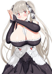 Rule 34 | 1girl, azur lane, bare shoulders, between breasts, blush, breasts, cleavage, clothing cutout, detached collar, dress, formidable (azur lane), frilled dress, frilled ribbon, frills, grey hair, highres, huge breasts, long hair, long sleeves, necktie, necktie between breasts, own hands together, red eyes, ribbon, shoulder cutout, smile, solo, twintails, two-tone dress, very long hair, yamagamo