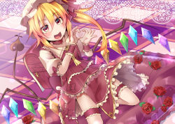 Rule 34 | 1girl, adapted costume, backpack, bag, blonde hair, checkered floor, crystal, dress, fang, flandre scarlet, flower, hair between eyes, hat, heart, heart hands, highres, bridal garter, looking at viewer, mob cap, open mouth, puffy short sleeves, puffy sleeves, rando seru, randoseru, red dress, red eyes, red flower, red rose, rose, shirt, short sleeves, solo, touhou, vampire, white shirt, wings, wrist cuffs