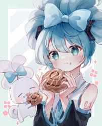Rule 34 | 1girl, :t, bare shoulders, black sleeves, blue bow, blue eyes, blue hair, blue necktie, blush, bow, cinnamiku, cinnamon roll, cinnamoroll, closed mouth, collared shirt, commentary, crossover, detached sleeves, diagonal stripes, ear bow, eating, food, food on face, hair between eyes, hair bow, hatsune miku, holding, holding food, long sleeves, looking at viewer, necktie, sanrio, shirt, sleeveless, sleeveless shirt, spi, striped, striped background, updo, upper body, vocaloid, white shirt, wide sleeves