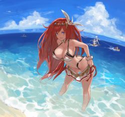 Rule 34 | 2boys, 3girls, absurdres, alexiel (summer) (granblue fantasy), beach, bikini, blue eyes, breasts, butt crack, cleavage, commission, day, fisheye, gabriel (granblue fantasy), godsworn alexiel, granblue fantasy, hair ornament, highres, large breasts, leaning forward, looking at viewer, michael (granblue fantasy), multiple boys, multiple girls, n9+, navel, o-ring, o-ring bikini, o-ring top, outdoors, parted lips, raphael (granblue fantasy), red hair, scrunchie, skeb commission, skirt, smile, standing, swimsuit, uriel (granblue fantasy), wading, wrist scrunchie