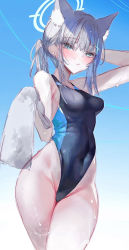 Rule 34 | 1-gou (111touban), 1girl, animal ear fluff, animal ears, arm up, bare hips, bare shoulders, black one-piece swimsuit, blue archive, blue eyes, blue sky, blush, breasts, closed mouth, competition swimsuit, covered navel, cowboy shot, day, grey hair, halo, highleg, highleg swimsuit, highres, holding, holding towel, long hair, looking at viewer, medium breasts, official alternate costume, one-piece swimsuit, outdoors, ponytail, shiroko (blue archive), shiroko (swimsuit) (blue archive), sidelocks, sky, solo, swimsuit, thighs, towel, wolf ears