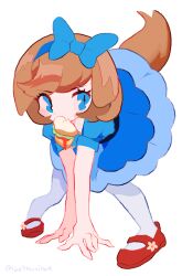 Rule 34 | 1girl, absurdres, animal ears, arm support, blue bow, blue dress, blue eyes, blue hairband, bow, brown hair, commentary request, delicious party precure, dog ears, dog girl, dog tail, dress, food, full body, hair bow, hairband, highres, leaning forward, looking at viewer, mouth hold, noniha, pam-pam (precure), pam-pam (precure) (human), pantyhose, precure, red footwear, sandwich, shoes, short hair, simple background, solo, standing, tail, white background, white pantyhose