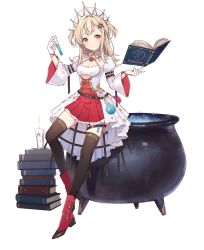 Rule 34 | 1girl, ark order, belt, beret, black belt, black thighhighs, blonde hair, book, book stack, boots, candle, cauldron, coat, crown, flask, floating, floating book, floating object, frilled skirt, frills, full body, gloves, hair ornament, hat, hexagram, high-waist skirt, holding, juliet sleeves, kamon (shinshin), long sleeves, looking at viewer, medium hair, official art, pink eyes, pleated skirt, puffy sleeves, red footwear, red skirt, round-bottom flask, salamander (ark order), skirt, solo, star (symbol), star hair ornament, star of david, strapless, tachi-e, thigh strap, thighhighs, transparent background, tube top, two side up, vial, white coat, white gloves, white hat, white tube top