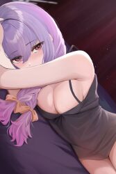 Rule 34 | 1girl, atsuko (blue archive), black camisole, blue archive, blush, bow, braid, breasts, camisole, cleavage, cowboy shot, grey halo, hair between eyes, halo, highres, large breasts, long hair, looking at viewer, orange bow, purple hair, red eyes, ryouta (ryouta335), solo, twin braids