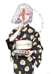 Rule 34 | 1girl, aqua nails, black kimono, blue neckwear, bob cut, choker, commentary request, cowboy shot, earrings, egg (food), fish scales, food, food print, fried egg, grey eyes, grey hair, hand up, highres, holding, holding food, japanese clothes, jewelry, kimono, lipstick, long sleeves, looking at viewer, makeup, meat, nail polish, obi, ohisashiburi, parted lips, pink eyes, red lips, sash, short hair, simple background, skewer, smile, solo, white background, white sash, wide sleeves