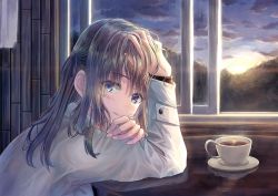 Rule 34 | 1girl, arm support, backlighting, blue eyes, blush, brown hair, closed mouth, cloud, cloudy sky, cup, drink, from side, grey shirt, hand in own hair, indoors, leaning forward, lips, long hair, long sleeves, looking at viewer, looking to the side, morning, original, saucer, shirt, sidelocks, sky, smile, solo, sunlight, sunrise, table, tea, teacup, two side up, windfeathers, window
