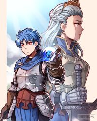 Rule 34 | 1boy, 1girl, alain (unicorn overlord), armor, blue cape, blue hair, blue sky, brown gloves, cape, closed mouth, cloud, commentary, crown, earrings, english commentary, faulds, gauntlets, gloves, glowing, gzei, highres, ilenia (unicorn overlord), jewelry, long hair, looking ahead, queen, red eyes, short hair, sky, sphere earrings, sunlight, unicorn overlord