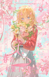 Rule 34 | 1girl, belt, blonde hair, blue eyes, blue sky, bouquet, braid, branch, brown belt, check copyright, cherry blossoms, chinese commentary, closed mouth, colored eyelashes, commentary request, copyright request, cowboy shot, daisy, day, flower, grey skirt, highres, holding, holding bouquet, jacket, layered sleeves, light blush, light particles, light smile, long hair, long skirt, long sleeves, looking at viewer, original, outdoors, petals, pink flower, pink ribbon, pink rose, pleated skirt, qiyuan zaitao huanzhe x, red jacket, ribbon, rose, sample watermark, shirt, skirt, sky, solo, tulip, twin braids, watermark, weibo watermark, white flower, white shirt, yellow flower