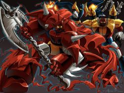 Rule 34 | axe, chain, double bladed axe, full body, getter robo, getter robo g, glowing, holding, mecha, no humans, robot, shoulder spikes, spikes, super robot, toei animation, torn clothes, two-handed, wallpaper, weapon