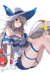 Rule 34 | 1girl, arknights, arm support, blue shorts, blush, breasts, champagne flute, cleavage, commentary, cup, drink, drinking glass, feet out of frame, grey hair, grey shirt, hat, highres, holding, holding drink, inflatable orca, inflatable toy, knees up, long hair, looking at viewer, medium breasts, midriff peek, off-shoulder shirt, off shoulder, parted lips, red eyes, shan (ti0n), shirt, shorts, simple background, skadi (arknights), skadi (waverider) (arknights), solo, sun hat, thigh strap, very long hair, white background, white hat