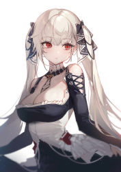 Rule 34 | 1girl, azur lane, bare shoulders, between breasts, black dress, black ribbon, breasts, cleavage, clothes lift, clothing cutout, dress, dress lift, formidable (azur lane), frilled dress, frills, hair ribbon, large breasts, long hair, looking to the side, platinum blonde hair, red eyes, ribbon, shoulder cutout, simple background, solo, ttosom, twintails, two-tone dress, two-tone ribbon, upper body, very long hair, white background, white dress, white ribbon