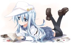 Rule 34 | 10s, 1girl, black thighhighs, blue eyes, flat cap, hammer and sickle, hat, hibiki (kancolle), hizuki yayoi, holding, kantai collection, letter, loafers, looking at viewer, lying, on stomach, paper, reading, school uniform, serafuku, shoes, silver hair, skirt, solo, thighhighs, verniy (kancolle)