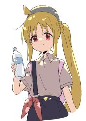 Rule 34 | 1girl, ahoge, beret, black skirt, blonde hair, bocchi the rock!, bottle, closed mouth, collared shirt, grey hat, grey shirt, hat, highres, holding, holding bottle, ijichi nijika, long hair, looking at viewer, meito (maze), red eyes, shirt, short sleeves, side ponytail, sidelocks, simple background, skirt, smile, solo, suspender skirt, suspenders, very long hair, water bottle, white background