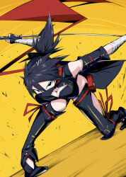 Rule 34 | 1girl, bandages, black eyes, black hair, black mask, breasts, cleavage, highres, holding, holding sword, holding weapon, izuzu maiba, katana, large breasts, long hair, looking at viewer, mask, mouth mask, ninja, ninja mask, original, ponytail, red scarf, reverse grip, scarf, shimure (460), solo, sword, weapon, yellow background