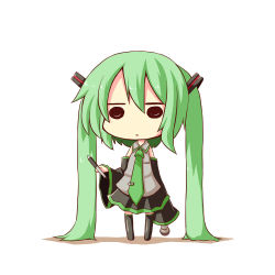Rule 34 | 1girl, absurdly long hair, arm at side, black skirt, boots, chibi, detached sleeves, expressionless, full body, green eyes, green hair, green necktie, grey shirt, hair between eyes, hair ornament, hatsune miku, holding, holding microphone, holding pen, legs apart, long hair, looking at viewer, matching hair/eyes, microphone, necktie, ominaeshi (takenoko), pen, shirt, simple background, skirt, solid circle eyes, solo, standing, very long hair, vocaloid, white background