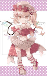 Rule 34 | 1girl, addictionwhite, alternate headwear, apron, back bow, bare shoulders, blonde hair, bow, closed mouth, crystal, flandre scarlet, full body, hair between eyes, hair ornament, hair ribbon, hairclip, hat, highres, internet survivor, large bow, light smile, limited palette, long hair, looking at viewer, midriff, mob cap, multicolored wings, nail polish, navel, one side up, red eyes, red footwear, red nails, red ribbon, red shirt, red skirt, red socks, ribbon, shirt, shoes, single thighhigh, skirt, sneakers, socks, socks over thighhighs, solo, striped clothes, striped socks, thighhighs, touhou, waist apron, white apron, white background, white bow, white hat, white socks, wings, wrist cuffs