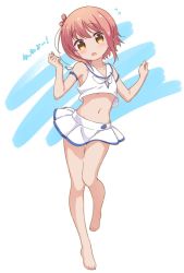 Rule 34 | 1girl, bare arms, bare legs, bare shoulders, barefoot, blush, brown eyes, brown hair, collarbone, commentary, crop top, flying sweatdrops, full body, head tilt, ichinose hana, jigatei (omijin), looking at viewer, midriff, navel, neckerchief, one side up, open mouth, pleated skirt, sailor collar, school uniform, serafuku, shirt, skirt, sleeveless, sleeveless shirt, slow start, solo, standing, standing on one leg, symbol-only commentary, translation request, white background, white neckerchief, white sailor collar, white shirt, white skirt