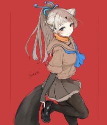 Rule 34 | 10s, 1girl, :3, bad id, bad twitter id, bow, commentary, cowboy shot, dnsdltkfkd, elbow gloves, extra ears, fingerless gloves, fur trim, gloves, grey hair, hair bow, hair tie, highres, kemono friends, light brown hair, loafers, long hair, multicolored hair, neckerchief, pantyhose, pleated skirt, ponytail, sable (kemono friends), sable ears, sable tail, sailor collar, scarf, shoes, short sleeves, skirt, solo, sweater