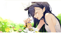 Rule 34 | 2girls, absurdres, arthropod girl, bare shoulders, bee girl, black hair, blonde hair, closed eyes, earrings, facing another, fang, field, flower, flower field, highres, hololive, hololive english, insect girl, jewelry, long hair, lucferz, multiple girls, ninomae ina&#039;nis, open mouth, purple nails, shirt, skin fang, sleeveless, sleeveless shirt, smile, stud earrings, variant set, virtual youtuber, watson amelia, white shirt