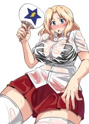 Rule 34 | 1girl, blonde hair, blue eyes, blush, bra, bra visible through clothes, breasts, emblem, girls und panzer, hand fan, holding, holding fan, hot, kay (girls und panzer), large breasts, long hair, looking at viewer, mimuni362, open mouth, saunders (emblem), school uniform, see-through, see-through shirt, solo, sweat, thighhighs, underwear, white background