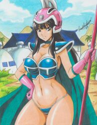 Rule 34 | 1girl, 2023, absurdres, armor, artist name, bikini armor, black eyes, black hair, breasts, cape, chi-chi (dragon ball), commission, dragon ball, female focus, gloves, green cape, hand on own hip, helmet, highres, holding, house, large breasts, long hair, navel, outdoors, pink gloves, pink headwear, ravernclouk design, shoulder armor, sidelocks, sky, solo, traditional media