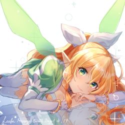 Rule 34 | 1girl, blonde hair, blush, bow, bracelet, breasts, character name, cleavage, closed mouth, dated, detached sleeves, green eyes, green wings, hair between eyes, hair bow, happy birthday, highres, hozumi rino, jewelry, leafa, long hair, long sleeves, looking at viewer, lying, medium breasts, on side, pointy ears, ponytail, reflection, simple background, smile, solo, sword art online, thigh gap, transparent wings, very long hair, white background, white bow, white legwear, white sleeves, wings
