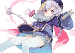 Rule 34 | 1girl, absurdres, bandaged leg, bandages, bead necklace, beads, bell sleeves, braid, braided ponytail, chinese clothes, dress, genshin impact, hat, highres, jacket, jewelry, jiangshi, looking at viewer, mandarin collar, necklace, purple hair, purple hat, purple jacket, qingdai guanmao, qiqi (genshin impact), sh (shinh), shorts under dress, simple background, solo, talisman, thighhighs, white background