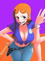 Rule 34 | black hair, breasts, cosplay, denim, extra arms, female pervert, fusion, glasses, glasses on head, hana hana no mi, highres, jeans, large breasts, long hair, mature female, nami (one piece), nami (one piece) (cosplay), nico robin, one piece, orange hair, pants, pervert, presenting, sexually suggestive