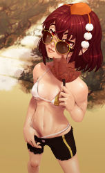 Rule 34 | 1girl, bikini, blush, breasts, brown hair, cameltoe, day, dutch angle, covered erect nipples, female focus, from above, highres, looking at viewer, medium breasts, red eyes, shameimaru aya, smile, solo, soumakyo, sunglasses, sweat, swimsuit, touhou