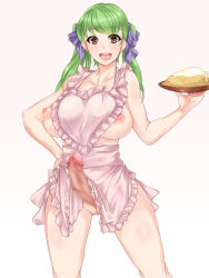 Rule 34 | 1futa, apron, artist request, bad id, bad pixiv id, breasts, brown eyes, censored, food, futanari, green hair, hair ribbon, large breasts, long hair, mosaic censoring, naked apron, nipples, no testicles, open mouth, original, penis, plate, pussy, ribbon, smile, solo, thighs, twintails