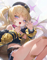 Rule 34 | 1girl, armpit crease, azur lane, bache (azur lane), bandaid, bandaid on knee, bandaid on leg, bare shoulders, belt, blonde hair, blue shirt, chinese commentary, collar, commentary request, crop top, denim, denim shorts, fang, fur-trimmed jacket, fur trim, han keshi chao mang de, hat, highres, jacket, looking at viewer, micro shorts, narrowed eyes, navel, neckerchief, off shoulder, ok sign, open mouth, pink collar, purple eyes, sailor hat, shirt, shorts, solo, stomach, tongue, tongue out, two side up, yellow jacket, yellow neckerchief