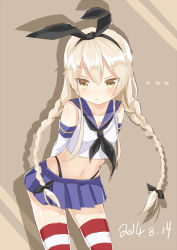 Rule 34 | 10s, alternate hairstyle, averting eyes, bad id, bad pixiv id, blonde hair, braid, brown eyes, gloves, hairband, kantai collection, long hair, ribbon, sailor collar, shimakaze (kancolle), striped clothes, striped thighhighs, sumikko no aria, thighhighs, twin braids