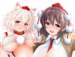 Rule 34 | 2girls, alternate costume, animal ears, bare shoulders, blush, breasts, brown jacket, chest sarashi, clothes lift, collar, collarbone, collared shirt, comiket 91, detached sleeves, hat, huge breasts, inubashiri momiji, jacket, koza900, large breasts, lifted by self, long sleeves, midriff, multiple girls, navel, necktie, no wings, open mouth, pointy ears, pom pom (clothes), red collar, red eyes, red headwear, red necktie, sarashi, shameimaru aya, shameimaru aya (newsboy), shirt, shirt lift, simple background, sleeveless, sleeveless shirt, suit jacket, tail, tokin hat, touhou, turtleneck, unbuttoned, unbuttoned shirt, white background, white hair, white shirt, white sleeves, wolf ears, wolf tail