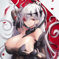 Rule 34 | 1girl, arm up, armpits, azur lane, between breasts, grabbing another&#039;s breast, breasts, cleavage, collar, cuffs, detached sleeves, earrings, emden (azur lane), flower eyepatch, grabbing, grabbing own breast, hair ornament, jewelry, large breasts, lock, looking at viewer, red eyes, seductive smile, smile, solo, torn clothes, upper body, whip, white hair, yusha m