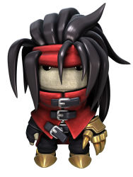 Rule 34 | 1990s (style), 1boy, 3d, black hair, cape, cosplay, expressionless, final fantasy, final fantasy vii, fingerless gloves, full body, gloves, headband, highres, littlebigplanet, looking at viewer, male focus, official art, retro artstyle, sackboy, simple background, solo, standing, vincent valentine, vincent valentine (cosplay), white background