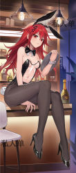 Rule 34 | 1girl, absurdres, alternate costume, alternate hairstyle, animal ears, bar (place), bare shoulders, between legs, black bow, black bowtie, black leotard, black pantyhose, blush, bow, bowtie, breasts, detached collar, from side, frown, full body, hair between eyes, hair down, hair ornament, hairclip, hand between legs, hand up, high heels, highres, holding, holding tray, indoors, knee up, lan xiezi, leaning forward, legs, leotard, long hair, looking at viewer, medium breasts, meme attire, navel, neptune (series), orange eyes, pantyhose, playboy bunny, rabbit ears, rabbit tail, red eyes, red hair, see-through, see-through leotard, shin jigen game neptune vii, side-tie leotard, sitting on bar, small breasts, solo, tail, tennouboshi uzume, thighs, translucent bunnysuit, transparent, tray, wrist cuffs