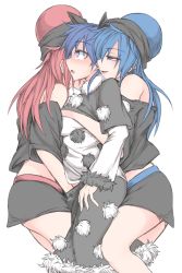 Rule 34 | 3girls, animal ears, bare shoulders, black shirt, black skirt, blue hair, breasts, doremy sweet, drooling, dual persona, fingering, girl sandwich, hecatia lapislazuli, hecatia lapislazuli (earth), kuroba rapid, large breasts, miniskirt, multiple girls, off-shoulder shirt, off shoulder, pom pom (clothes), profile, pussy juice, red hair, sandwiched, shirt, simple background, skirt, smile, t-shirt, tapir ears, touhou, white background, yuri