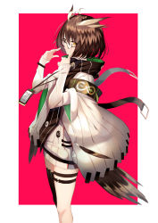 Rule 34 | 1girl, absurdres, ahoge, arknights, armband, bird girl, black-framed eyewear, black thighhighs, brown hair, commentary request, dress, feather hair, glasses, hair between eyes, hands up, highres, jacket, lanyard, layered sleeves, long sleeves, lumo 1121, open clothes, open jacket, red background, rhine lab logo, semi-rimless eyewear, short over long sleeves, short sleeves, silence (arknights), single thighhigh, sleeves past wrists, solo, sweater, sweater dress, thighhighs, two-tone background, under-rim eyewear, white background, white jacket, white sweater, wide sleeves, yellow eyes